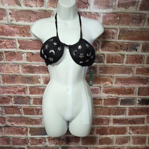 Wild Fable Sequin Bikini Top Small Black Star & Moon 4-Way Stretch Multi-Tie - Picture 1 of 8